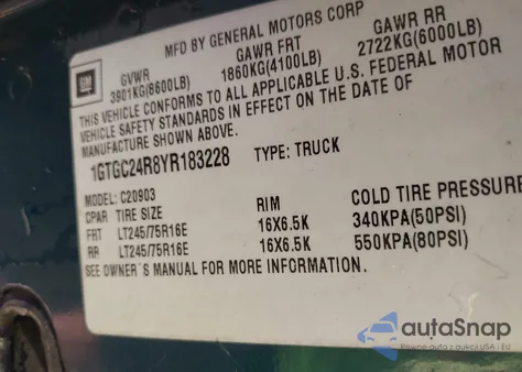 2000 GMC Sierra 2500 Classic Sl из США, поврежденный, VIN 1GTGC24R8YR183228